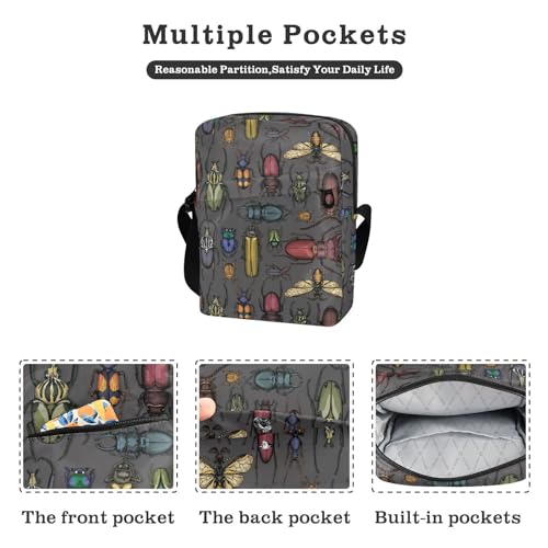 VIGTRO Small Messenger Bag Purse, Bright Insects Mini Crossbody Bag with Adjustable Strap for Women Men, Colorful Beetles Small Shoulder Bag for Travel Outdoor Sports3