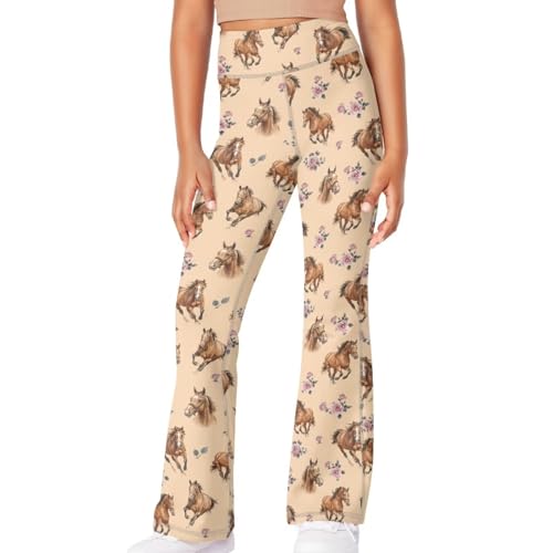 Horse Girls’Flare Leggings Cross Waist Bell Bottoms Flower Yoga Pants for Girls 7-14 Years