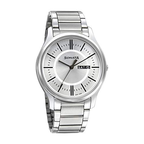 Image of Sonata Essentials Quartz Analog with Day and Date Silver Dial Silver Stainless Steel Strap Watch for Men - NT77082SM02W