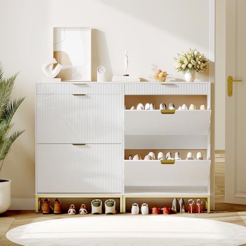 GarveeHome Fluted Shoe Cabinet with 2 Flip Drawers, a Drawer, a Hook, Modern Narrow Shoe Storage, Farmhouse Wooden Shoe Organizer with Metal Legs, Closed Shoe Racks for Entryway, White