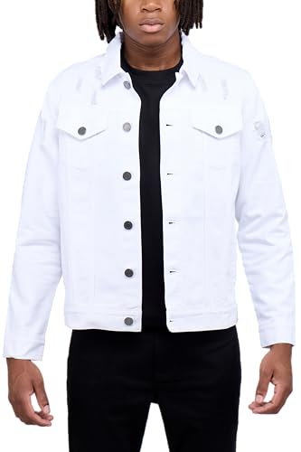 X RAY Mens Denim Jacket Washed Ripped Distressed Flex Stretch Casual Trucker Biker Jeans Jacket for Men White - Ripped Large