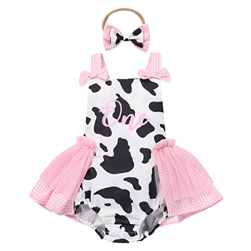 Infant Newborn Baby Girl Romper Dress Toddler First Birthday Cake Smash Outfits One Year Cow Print Bubble Romper Photography Outfits Kids Easter Baptism Onesie Pink Cow (2PCS) 12-18 Months