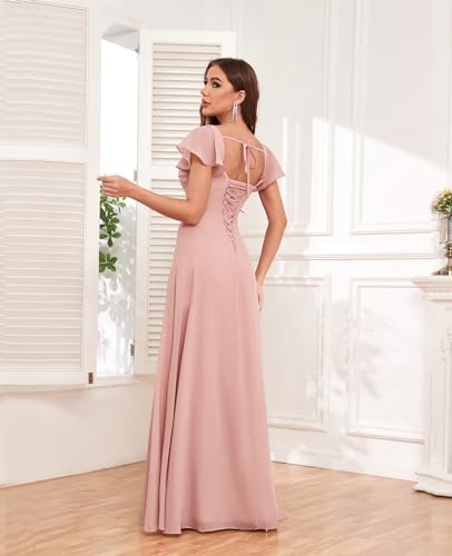 OFEECHUN Women's Chiffon Long Bridesmaid Dresses with Sleeves A Line Evening Formal Party Dress with Slit2