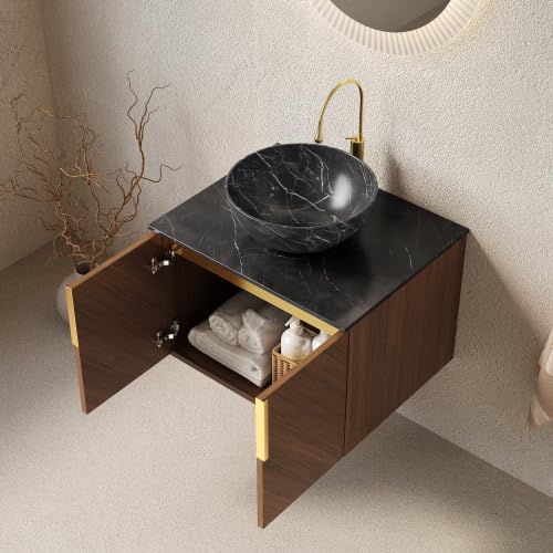 vutizal Szafka pod umywalkę 61 cm z czarnym zlewozmywakiem ceramicznym, meble łazienkowe z blatem spiekanym i 2-drzwiową szafką, Soft Close, wygląd drewna espresso