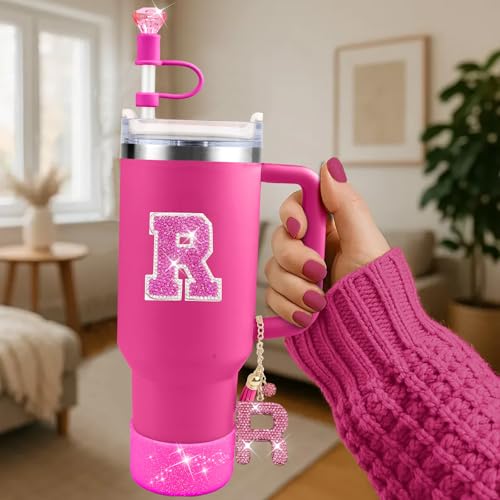 Hpebl 6PCS Hot Pink for Stanley Cup Accessories Set 30/40 OZ Bling Rhinestone Initials Charms for Stanley Decorations Tumbler Accessories Including Diamond Straw Topper, Spill Stopper（Letter T） - image 2
