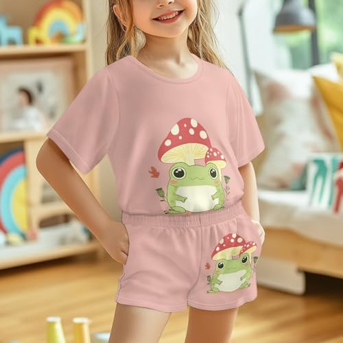 Showudesigns Mushroom Frog Pyjamas Sets for Girls Age 5-6 Comfy Soft Nightwear Cute Short Sleeve Sleepwear Pjs for Kids Summer T Shirt Pants Two Piece Outfits with Pockets - Image 4