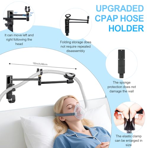 Image of CPAP Hose Holder for Bed (Wall-Damage-Free),CPAP Hanger for Hose and Mask,Rotating Telescopic Arm Prevents Tubing from Getting Tangled.Cpap Hooks Keep The Cpap Supplies Bedside Tidy.(Matte Black)