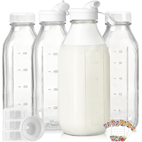 Liter Glass Milk Bottles w 100% Airtight Heavy Duty Screw Lid - 4 Pack 32 Oz Drinking Jars w Lids - Food Grade Glass Bottles for Milk, Honey, Jam - Dishwasher Safe(Extra 2 Lids and Stickers Included)
