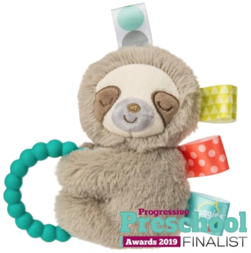 Taggies Sensory Stuffed Animal Soft Rattle with Teether Ring, Molasses Sloth
