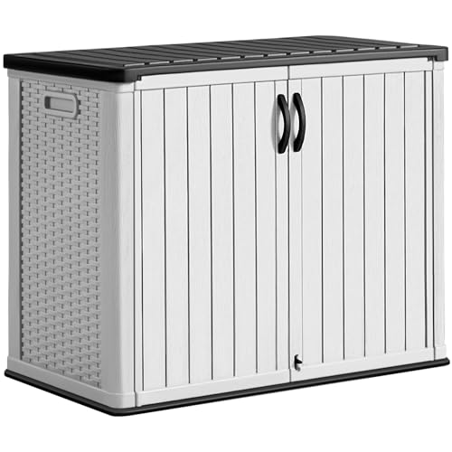 Image of Greesum Outdoor Storage Cabinet 30 CuFt, Resin Large Storage Box Weather Resistance with Lockable Doors, Easy to Assemble, Horizontal Storage Shed for Garden, Patio, Backyard, White (Without Shelf)