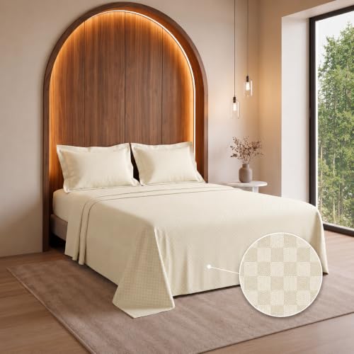 Image of LANE LINEN 400TC 100% Cotton Micro Check King Size Bedsheet - Ivory