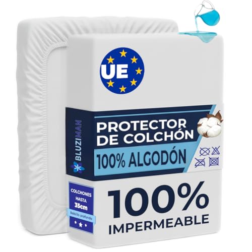 BLUZIMAN® Protector Colchon 105x190 Impermeable, 100% Algodón Fabricado en España Altura hasta 35cm, Cubre Colchon Protector de Colchon Anti Acaros, Funda Colchon Mattress Protector (Cama 105x190/200)