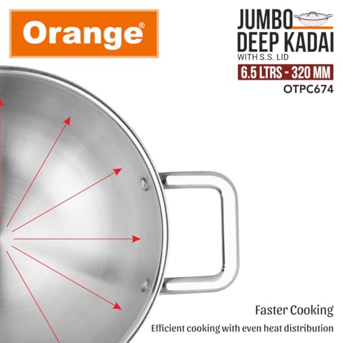 Image of Orange Triply Jumbo Stainless Steel Deep Kadai with Steel Lid (S.S. Lid) 6.5 LTR, 32cm Diameter | Induction Friendly | Heavy Bottom with Cool Touch Handle | 2.5mm Thickness | 5Year Warranty