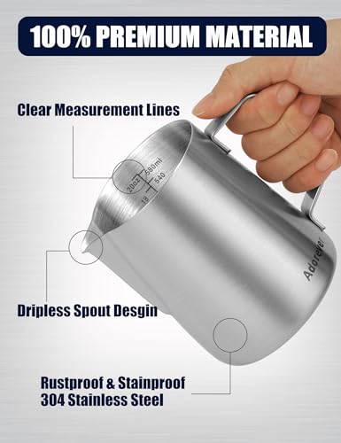 Image of Milk Frothing Pitcher, 20oz Stainless Steel Milk Frother Cup Steaming Pitcher, Cappuccino Espresso Accessories Coffee Bar Barista Tools, Metal Steamer Cup Milk Jug with Latte Art Pen, Matte Steel