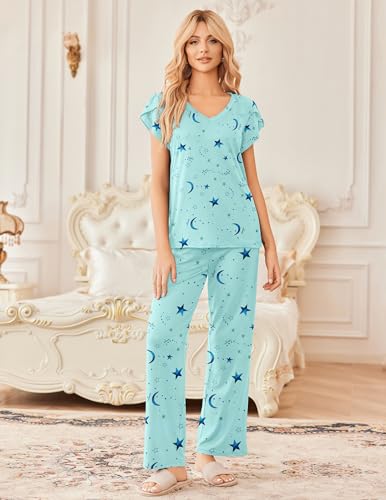 Image of Ekouaer 2 Pack Womens Pajamas Short Sleeve Sleepwear Top with Pants Super-Soft Printed Lounge Sets S-XXL