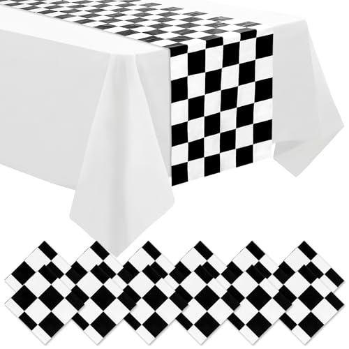 Betylifoy 12 Pcs Black And White Checkered Table Runner 14 Inch X 108 Inch Disposable Plastic Table Runner Race Car Theme Flag Table Runner For Two Fast Birthday Racing Wedding Party Decor cover