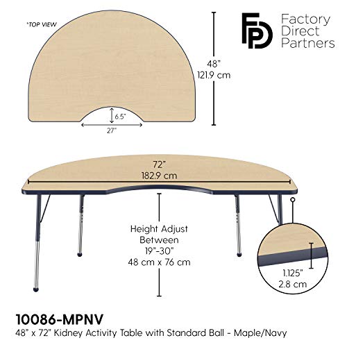 Image of FDP Kidney Activity School and Office Table (48 x 72 inch), Standard Legs with Ball Glides for Collaborative Seating Environments, Adjustable Height 19-30 inches - Maple Top and Navy Edge