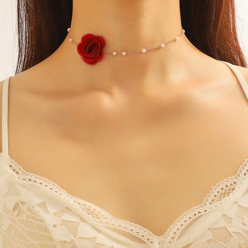 Flower Choker Necklaces for Women Rose Necklace for Women with Pearl Dainty Red Rose Choker Necklace Flower Jewelry Party Prom4