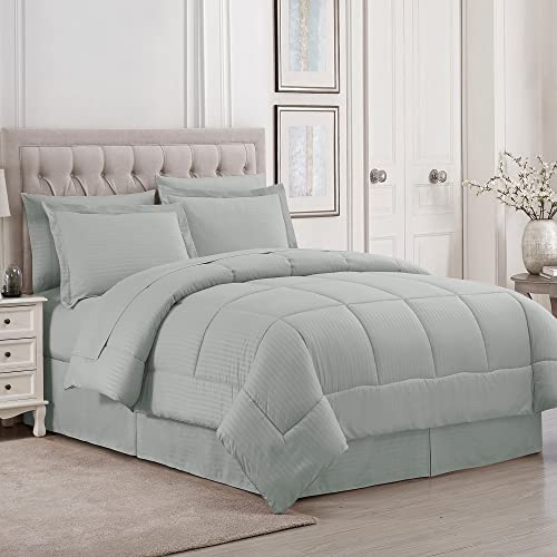 Image of Sweet Home Collection Queen Comforter Set 8 Piece Bed in a Bag with Bed Skirt, Fitted Sheet, Flat Sheet, 2 Pillowcases, 2 Pillow Shams, Queen, Dobby Silver