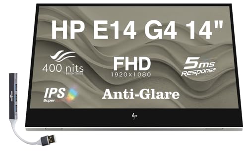 Image of HP E14 G4 14 inch FHD IPS Portable Monitor with 5ms Response Time, Anti-Glare, Flicker Free, 400 nits Brightness, USB-C & Dockztorm USB Port Expander, Silver Color (1B065AA#AC3)