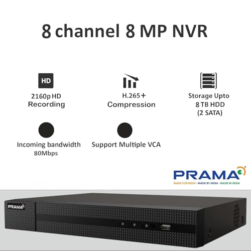 Image of PRAMA PT-NR2A08-Q2 8 Channel 8MP Network Video Recorder with H.265+ Compression, 2 SATA Interface Supporting HDD up to 8TB Per Drive, 4K HDMI & VGA Dual Output, Gigabit Network.