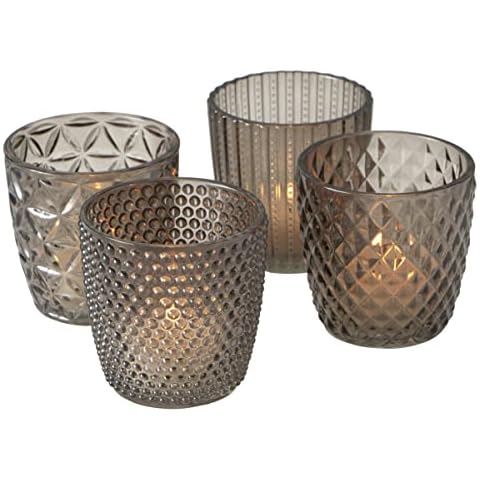 Boltze Marilu 2002930 Lantern Set of 4 Grey Decorative Glasses for Candles / Tea Lights / Candle Holder Diameter 8 cm / Various Patterns / Round Shape / Tea Light Holder Cover