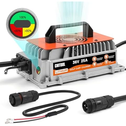 36V Lithium Battery Charger 43.8V 25A LiFePO4 Charger for Golf Cart, IP67 Waterproof 36 Volt Lithium Golf Cart Battery Charger, Smart 36V 25A 1250W Onboard Charger EZGO 38.4V Lithium Battery Charger Cover