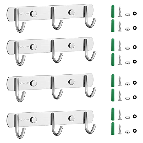 4 Stück Hakenleiste Kleiderhaken,Edelstahl Garderobenhaken Garderobenleiste mit 3 Haken,für Jacken Kleidung Mütze Gürtel Schlüssel Cover