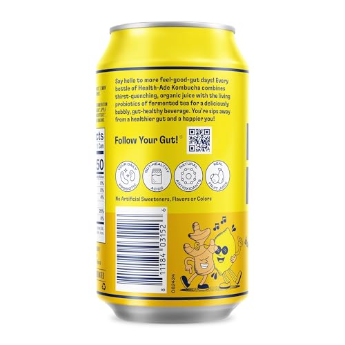 Health-Ade Canned Kombucha Tea Organic Drink, Fermented Tea with Living Probiotics, Detoxifying Acids, Supports Gut Health, Non-GMO, Vegan, Gluten Free, 12 Pack (11.5 Fl Oz Cans), Ginger-Lemon Kombucha in Cans
