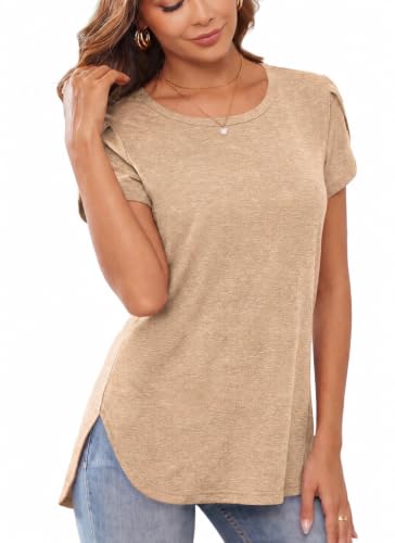 Image of Herou Women's Casual Long /Short Sleeve T Shirt Crewneck with Side Split Fall Pullover Loose Tunic Sweater Tops