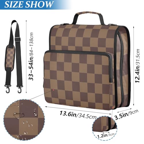 Image of 3 Ring Zipper Binder with Shoulder Strap Brown Checkerboard B 1.5 inch Binders Keeper Large Capacity Multi Pockets for School Office Supplies