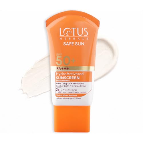 Image of Lotus Herbals Safe Sun HydroActivated Sunscreen SPF 50+ PA+++ | 2X Protection from Sun and Tan | In-Vivo Tested | No White Cast | 10-Hr Water Resistant | for Women and Men | All Skin Types | 50ml