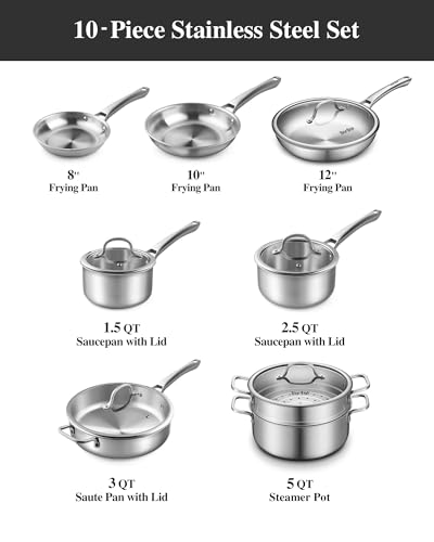 Image of Stainless Steel Cookware Set,Tir-Ply Pots and Pans Set,13 Pcs Stainless Steel Induction Kitchen Cookware Sets,PFOA Free, Frying Pans, Butter warmer,Saute Pan & Stock Pot,Compatible with All Cooktops