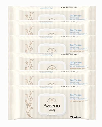 AVEENO Baby Daily Care Wipes - Cleanse Gently and Efficiently - Baby Wipes - Baby Essentials - 72 Wipes, Lid On Each Pack, Pack of 6 (432 Wipes in Total)