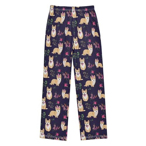 Corgi Dog Rose Floral Boys Long Pants Soft Trousers Elastic Waist Kids Lounge Bottoms with Pockets S-XL