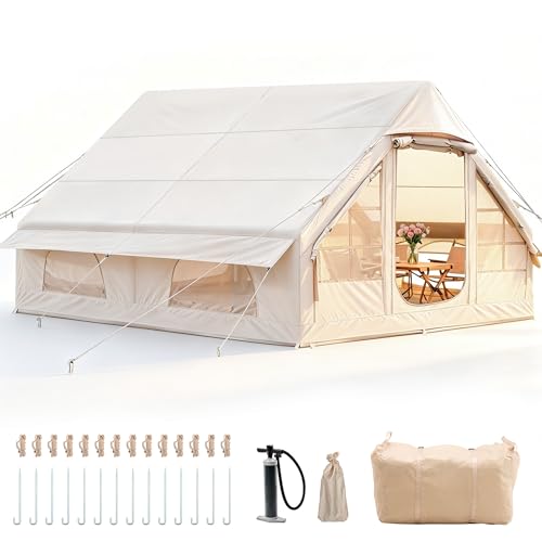 Tienda de campaña inflable con bomba, tienda de campaña inflable Oxford 420D Glamping para camping, impermeable hasta 3000 mm, tienda de campaña con cabina anti-UV para 4 estaciones con ventanas y