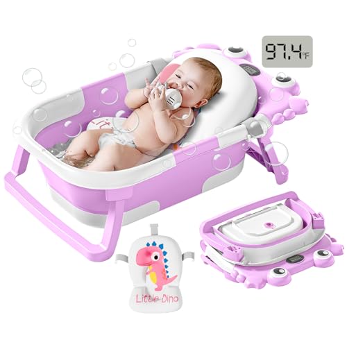 Image of Collapsible Baby Bathtub for Infants to Toddler with Real-time Temp Monitor+Floating Cushion,Foldable Baby Bath Tub Set Applicable 0-36 Month,Portable Travel Bathtub for Newborns Girl (Purple)