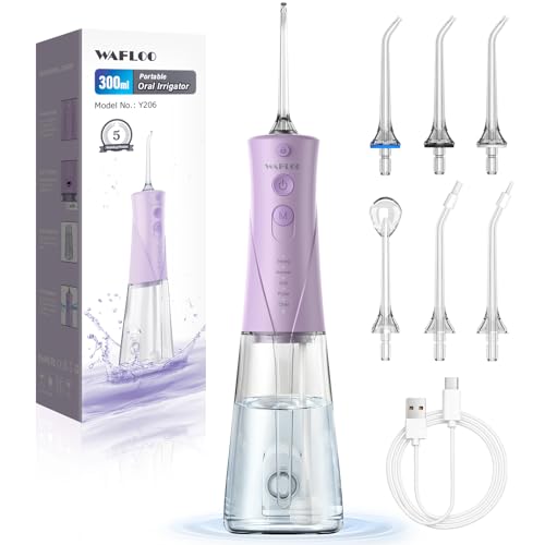 WAFLOO Irrigador Dental Portatil, 5 Modos de Limpieza con 6 Boquillas, Tanque de Agua de 300ml, IPX7 Impermeable, Ideal para Limpieza Dental en Casa y de Viaje（Púrpura）