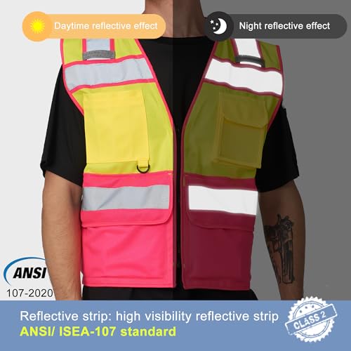 Image of A-SAFETY High Vis Reflective Safety Vest for Men Women Zipper Ipad Pockets Mesh Construction Apparel Neon Vest for Work