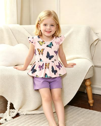 Image of Girls Summer Outfits Toddler Baby Girls Short Sets 2 Piece Clothing Set Flutter Sleeve Shirt and Short 2-7 Years