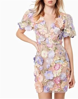 Dames 3D V-hals pofmouwen bloemen borduurwerk jurk pure mesh kant bodycon party cocktailjurk kort, Abrikoos, XXL Dames 3D V-hals pofmouwen bloemen borduurwerk jurk pure mesh kant bodycon party cocktailjurk kort, Abrikoos, XXL