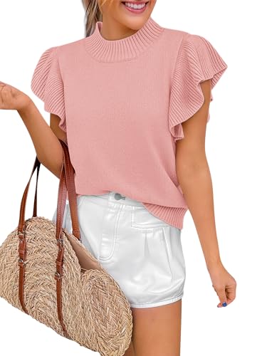 Womens Tops Ruffle Short Sleeve Sweater Summer Fashion Cropped Cute High Neck Lightweight Knit Pullover Sweaters Pink M