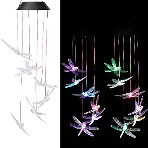 CAMMILE Solar LED Wind Chimes Outdoor Colorful Magical Wind Chime Butterfly Wind Chimes Rainproof Mobile Night Light Wind Chime Gifts for Mom Grandmother Women Memorial Wind Chimes(Dragonfly)