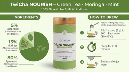 Image of TwiCha NOURISH Moringa & Spearmint Green Tea | 100g | Wth Fully Declared Ingredients | Crafted For Natural Energy And Vitality | 100g Tin (50 Cups)