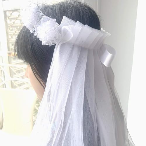 Flower Girls Veils, Girls Veil Daughter' White Pearl Center Floral Crown First Holy Communion Veils for Daughter3