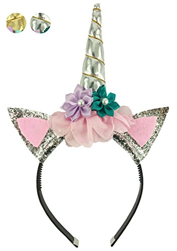 Unicorn Horn Headband Flowers Ears Headbands for Party Decoration or Cosplay Costume (Silver)