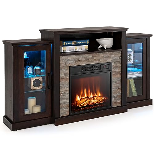 Tangkula Electric Fireplace TV Stand, Electric Fireplace Mantel with 16-Color Led Lights, Adjustable Glass Shelves, Remote & Smart APP Control, TV Console for Living Room (Black)