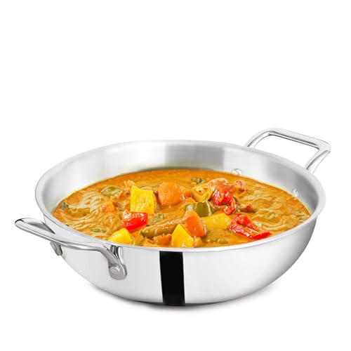 The Indus Valley Triply Stainless Steel Kadai/Kadhai | Large, 26cm/10.2 inch, 4Ltr, 1.3kg | Induction Friendly | Nonstick 3-Layer Body, 100% Pure & Toxin-Free, No Chemical Coating