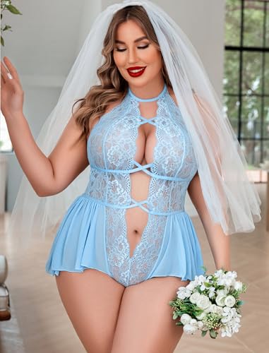 Image of Avidlove Womens Plus Size Lingerie Lace Bodysuit Teddy Deep V One Piece Lace Babydoll