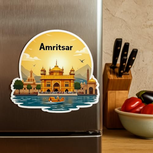 Image of Naxon Amritsar Golden Temple Theme Souvenir Wooden Fridge Magnet for Refrigerator - Printed Fridge Magnet for Kitchen & Home Decor | Perfect Souvenir Gift | Size 3x3 in | Pack of 1